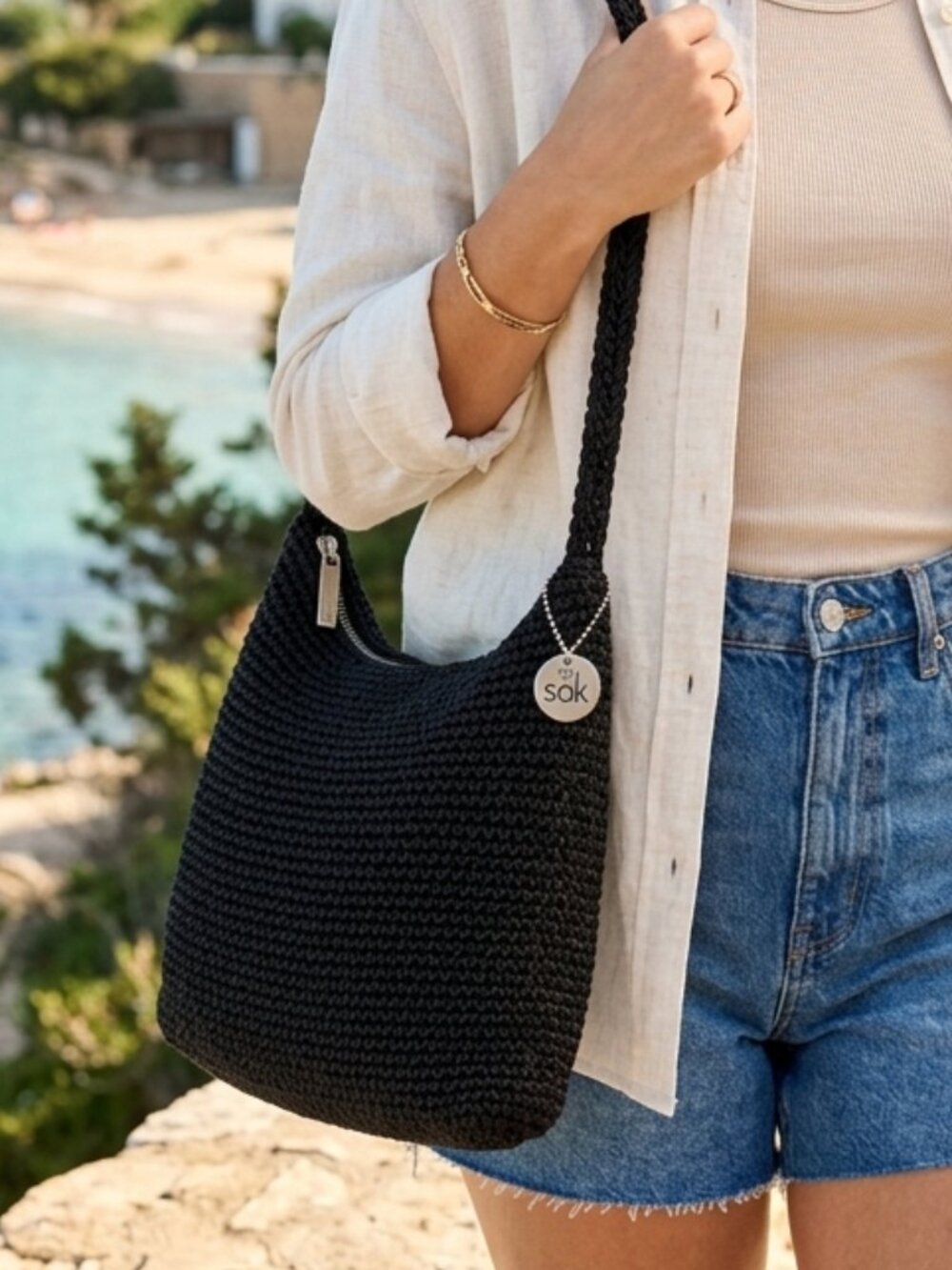 The Sak Black Crochet Shoulder Bag Woven Purse EUC